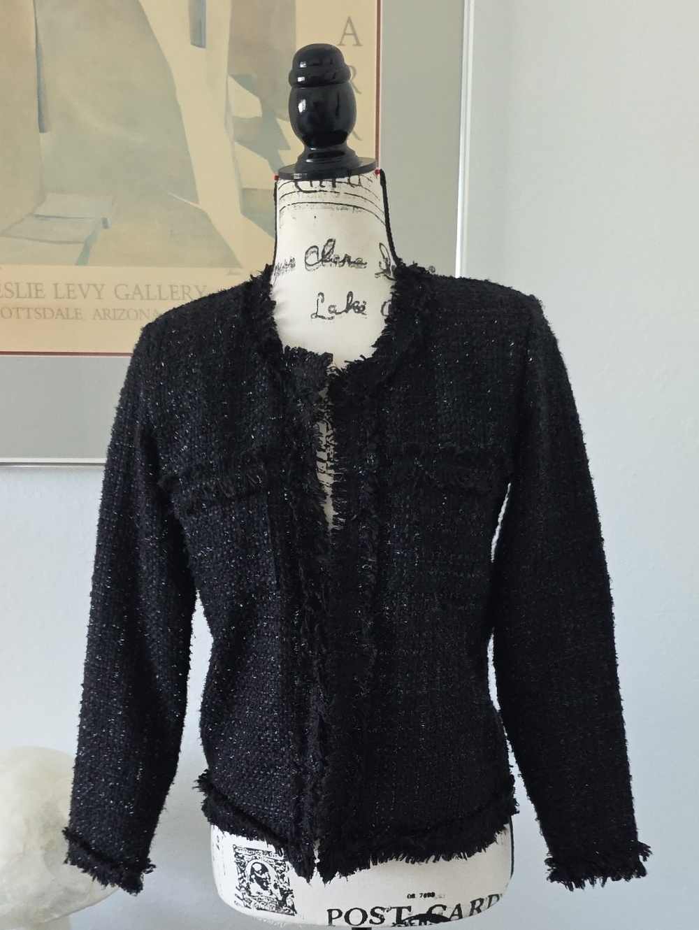 Alexis Black Tweed Metallic Fringe Open-Front Jacket,